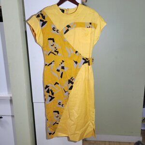 Vintage retro abstract midi dress yellow cotton linen blend size 36 small medium